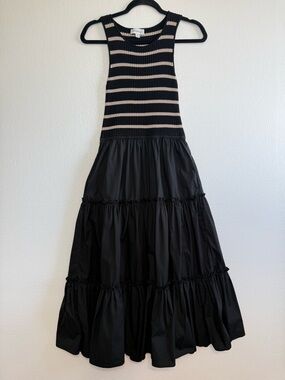 EVEREVE Striped Mixed Media Tiered Sleeveless Midi Dress Black Tan Size M